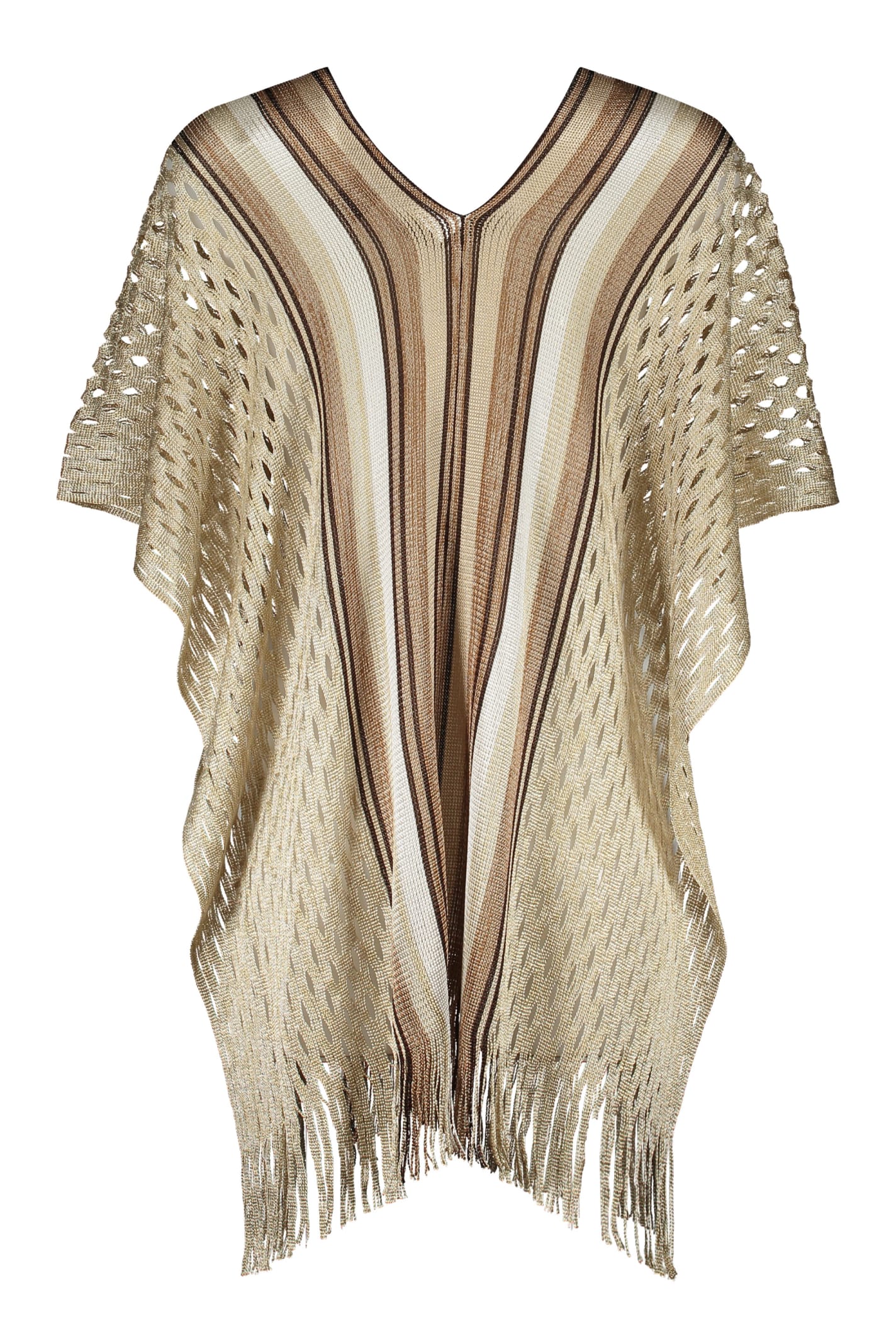 Shop Missoni Fringed Knit Poncho In Brown