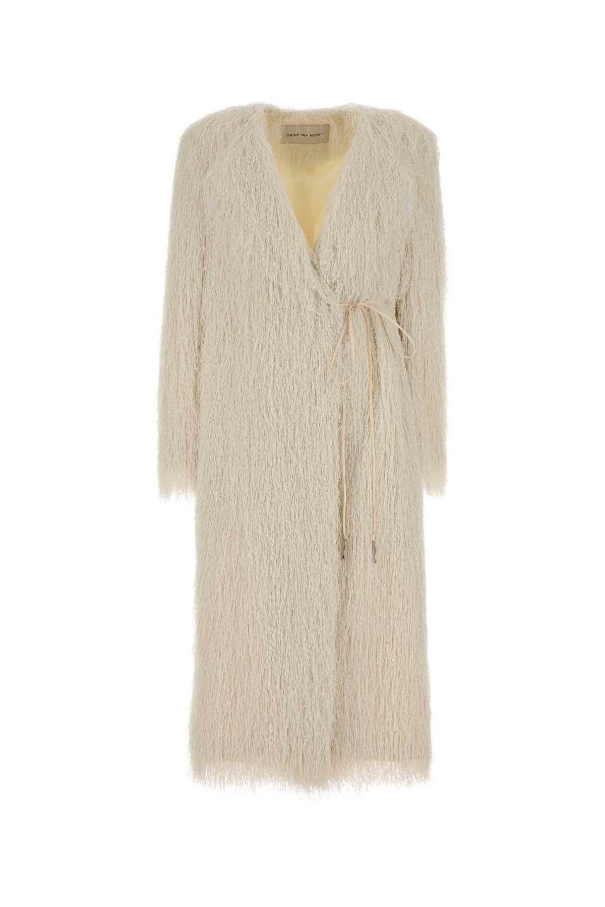 Dries Van Noten Textured Long Coat Belted At Waist In White