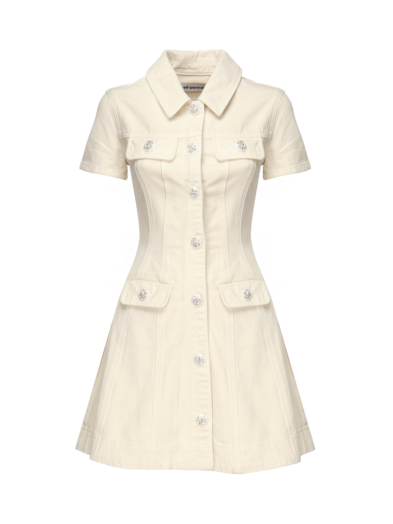 Self-portrait Structured Beige Dress With Classic Collar And Flap Pockets In Neutral