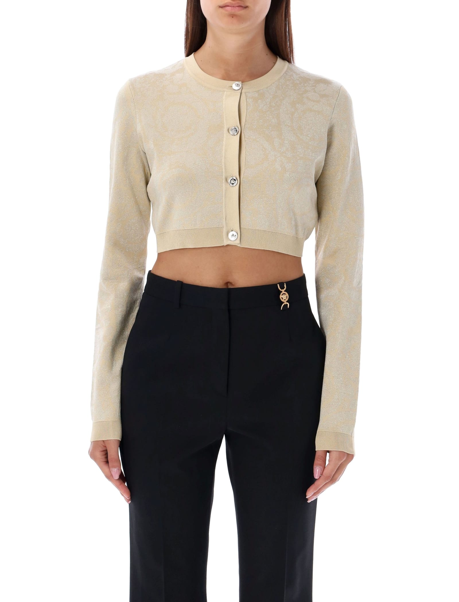 Shop Versace Cardigan Barocco Knit In Light Sand Gold