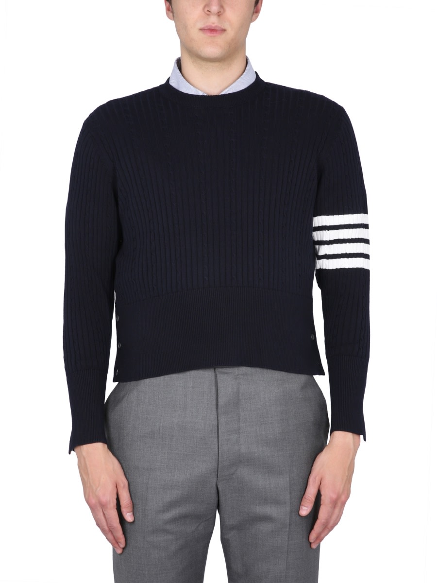 Thom Browne Ribbed Hem Crewneck Striped Sleeve Button Cuffs In Blue