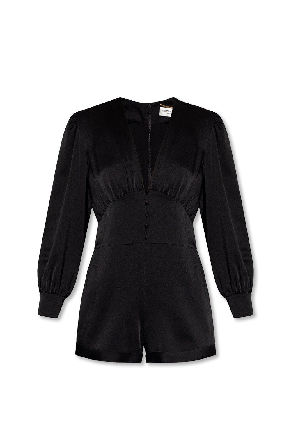 Shop Saint Laurent Long Sleeved V-neck Jumpsuit In Black