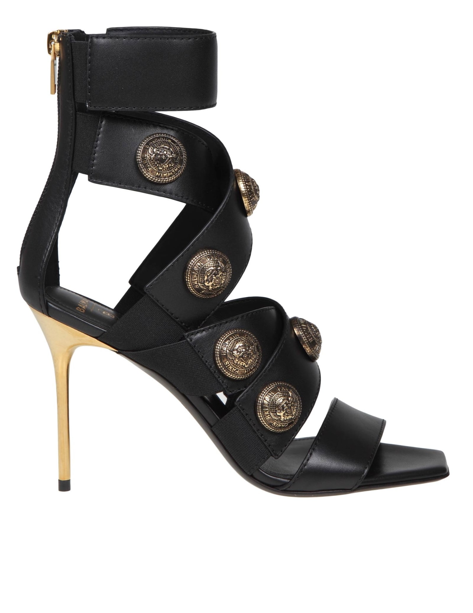 Balmain Women's Square Toe Logo Accent Strappy High Heel Sandals In Black/gold