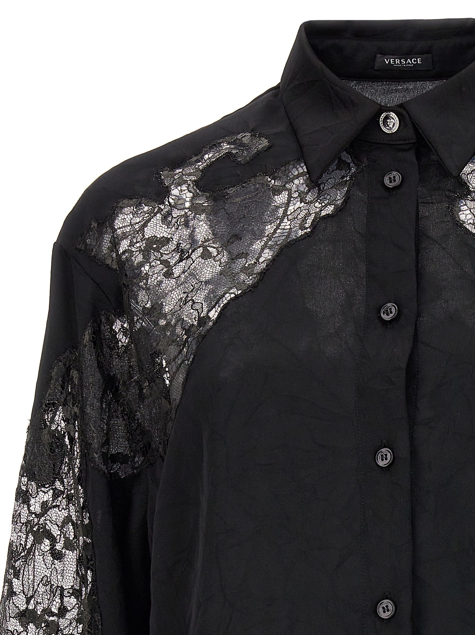 Shop Versace Satin Lace Shirt In Black