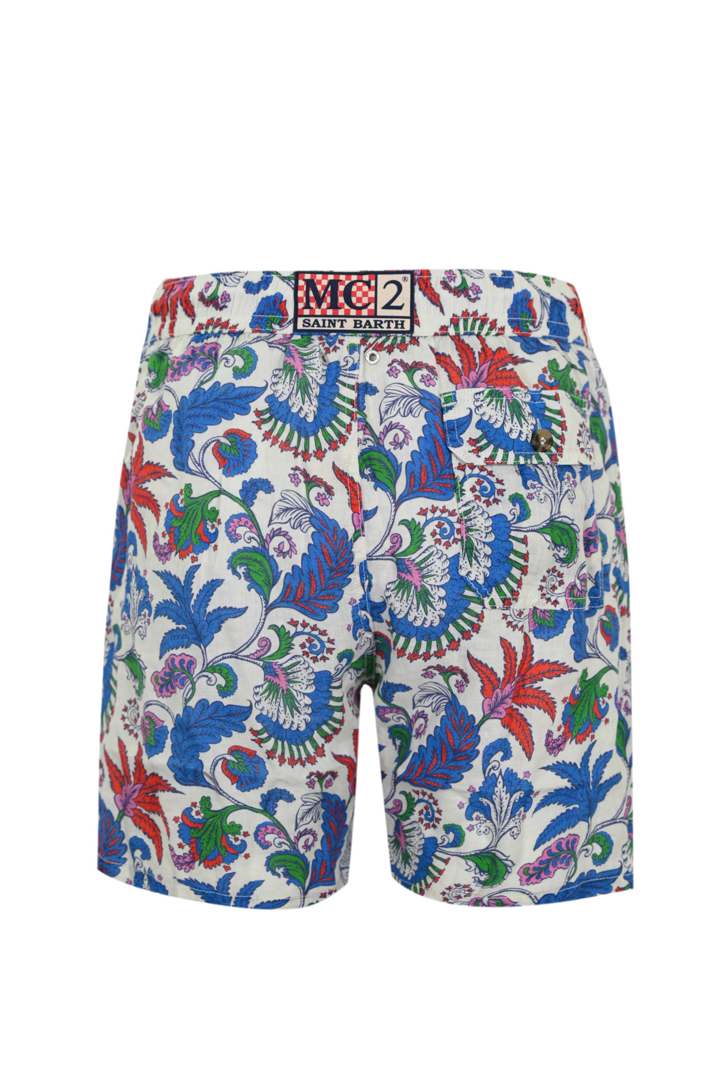 Shop Mc2 Saint Barth Linen Swimsuit With Flower Print In Bianco/blu