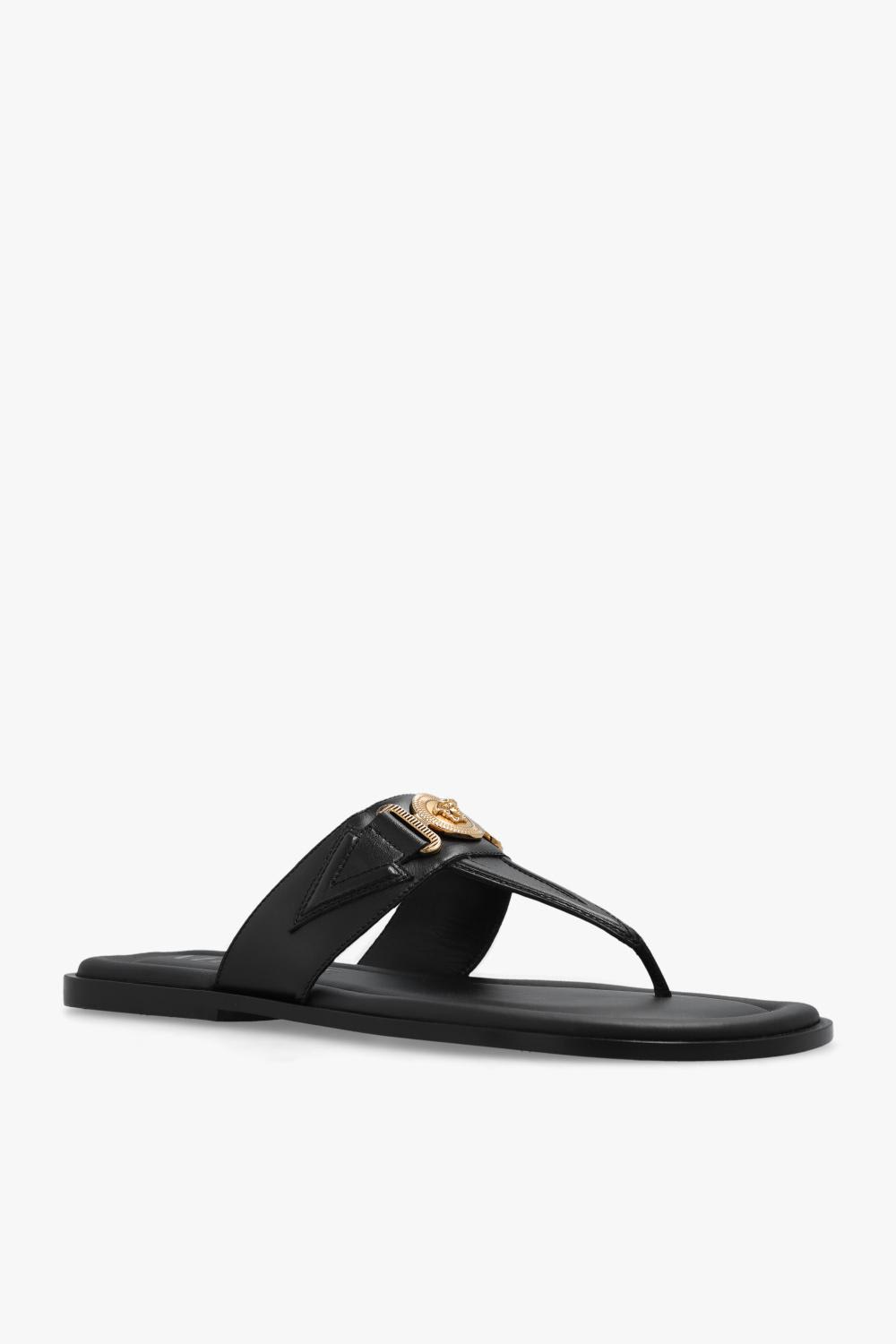 Shop Versace Leather Slides In Black