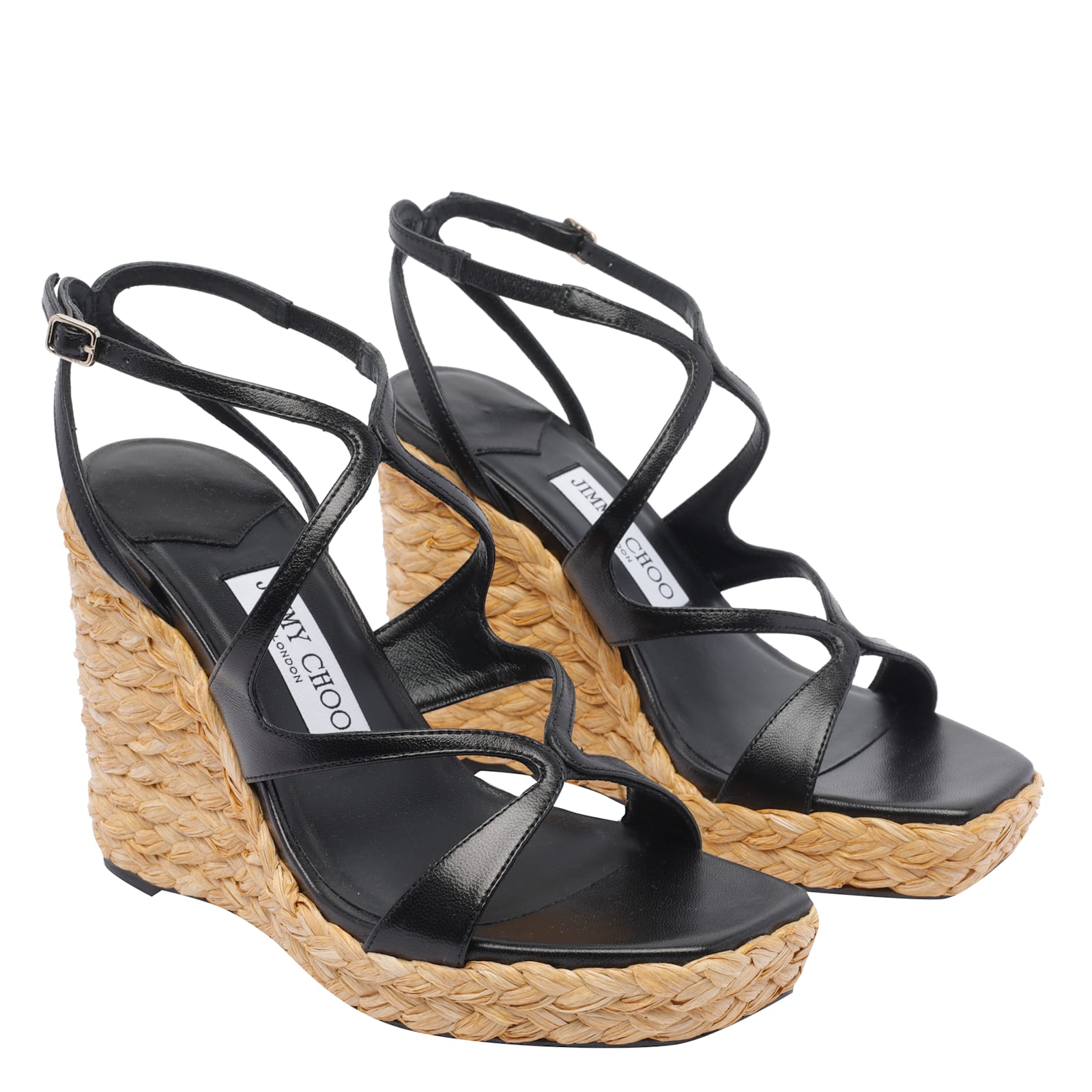 Jimmy Choo Ayla 85 Nappa Leather And Raffia Wedge Sandals In Black