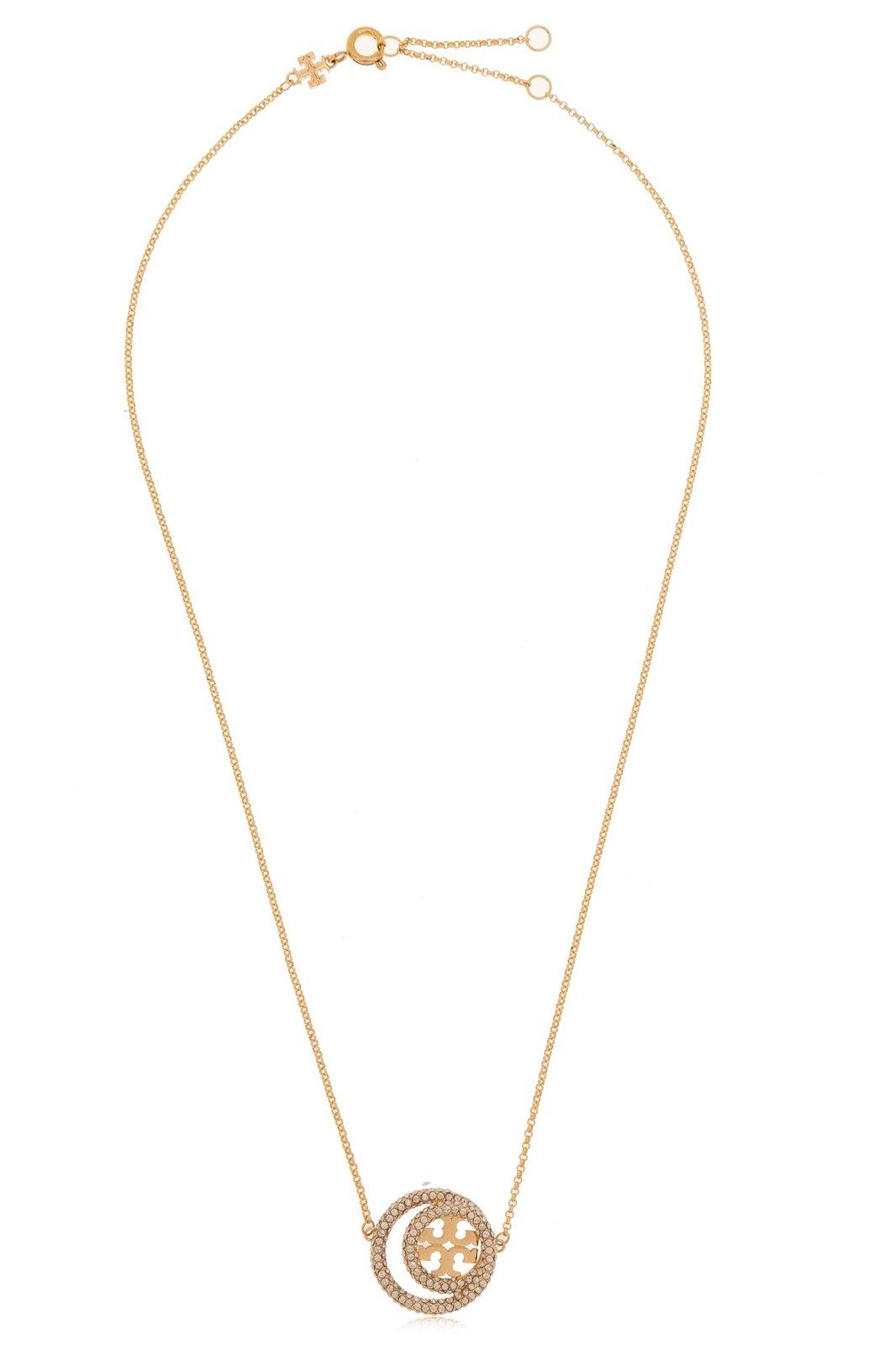 Shop Tory Burch Miller Double Ring Pendant Embellished Necklace In Gold/crystal