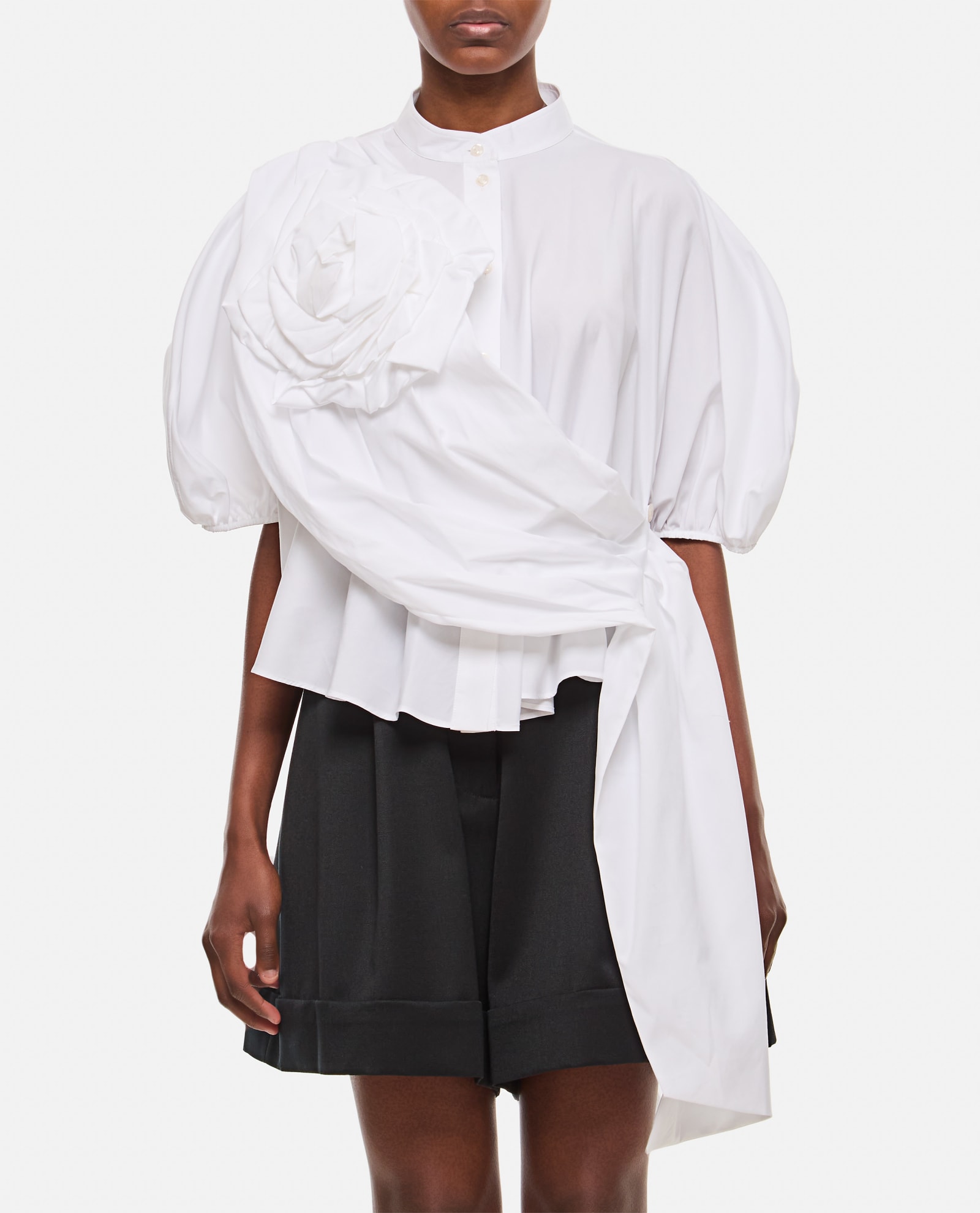 Shop Simone Rocha Cropped Puff Sleeve Shirt W/ Rose Sash In White