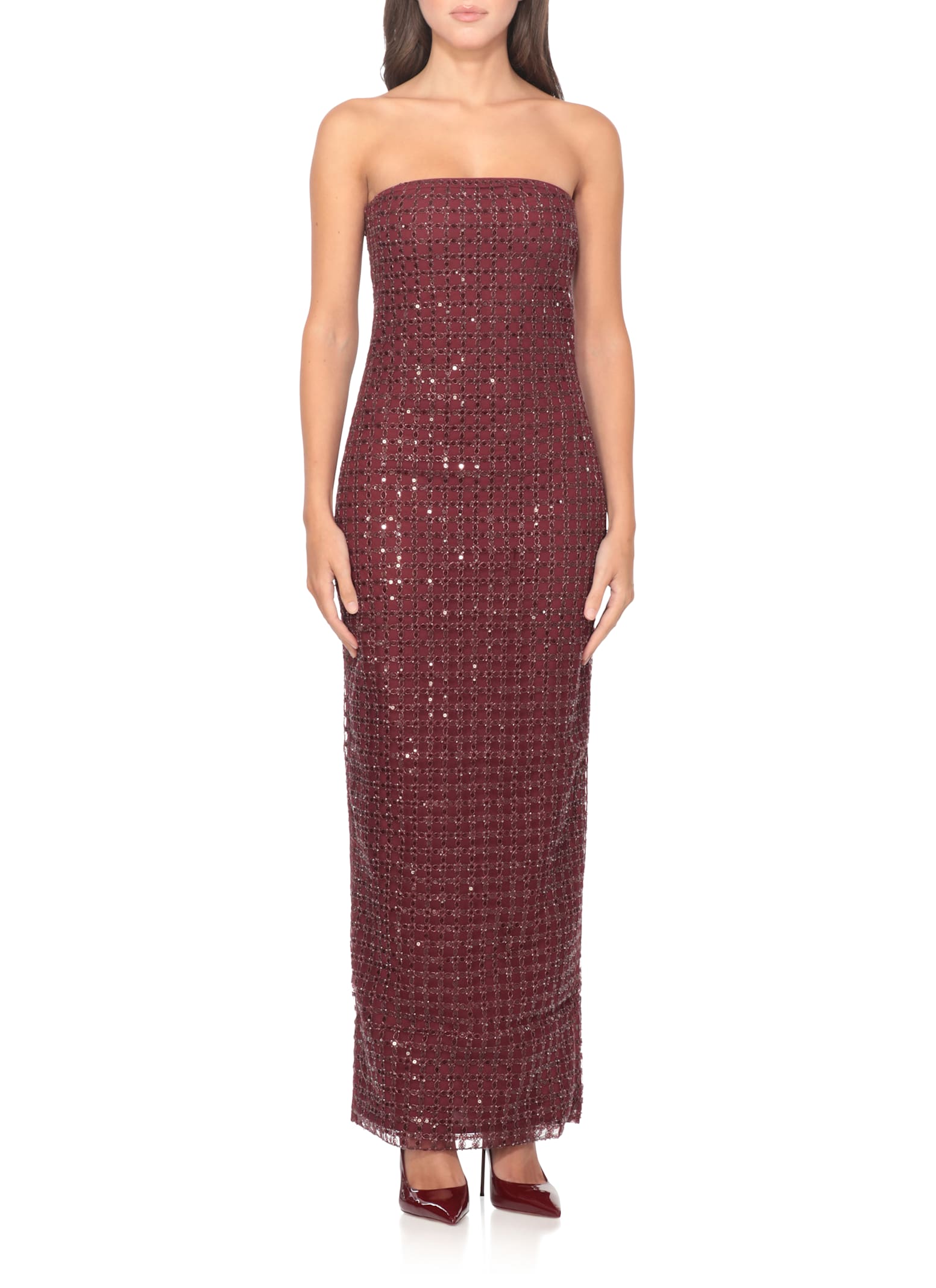 Rotate Birger Christensen Floor-length Burgundy Strapless Evening Dress With Sequined Detailing In Burgundy