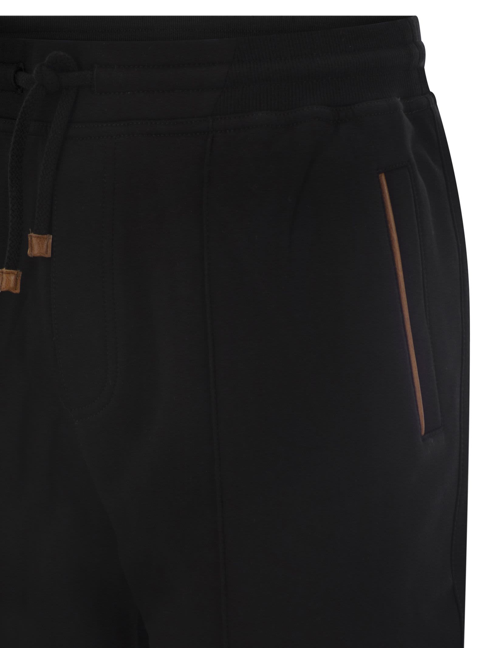Brunello Cucinelli Techno Cotton Fleece Trousers With Zip On Stretch Bottom, Crete And Piping In Black