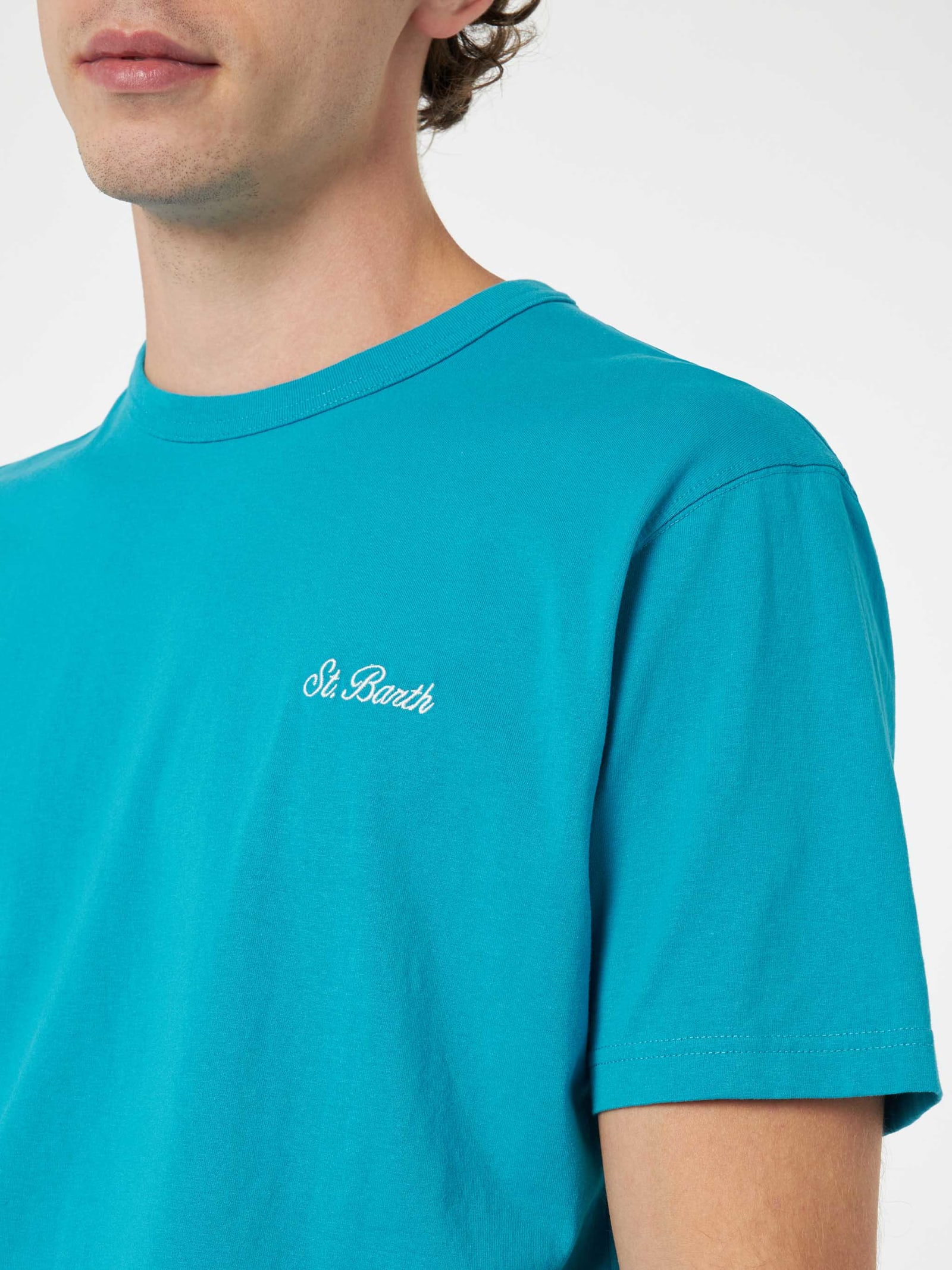 Mc2 Saint Barth Man Teal Cotton Jersey T-shirt Dover With St. Barth Embroidery In Green