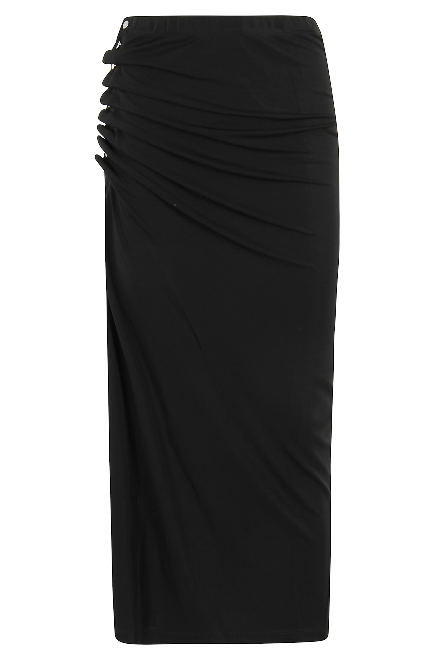 Rabanne Draped Black Midi Skirt With Side Buttons And Slit In Black