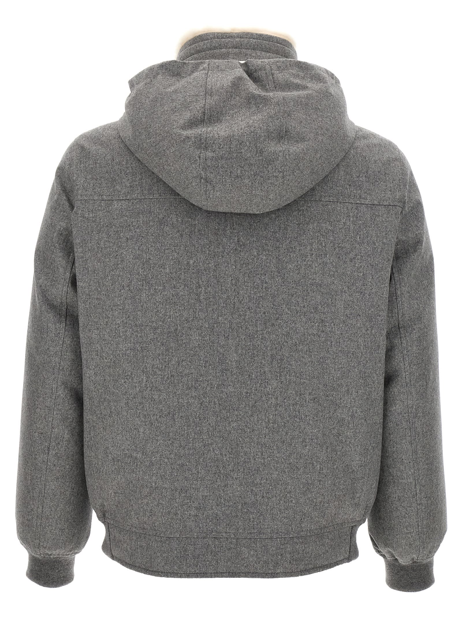Brunello Cucinelli Men Membranated Wool Flannel Down Jacket With Shearling-lined Collar In Gray