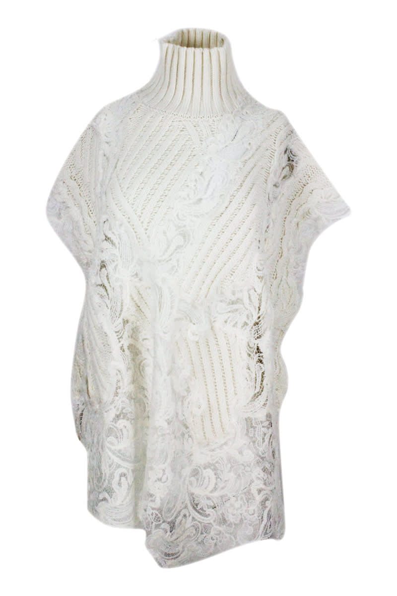 Ermanno Scervino High Neck Poncho Sweater With Braid And Lace On The Front
