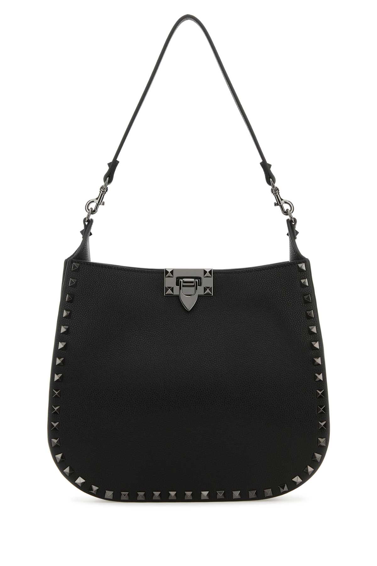 Shop Valentino Black Leather Hobo Rockstud Handbag In Nero