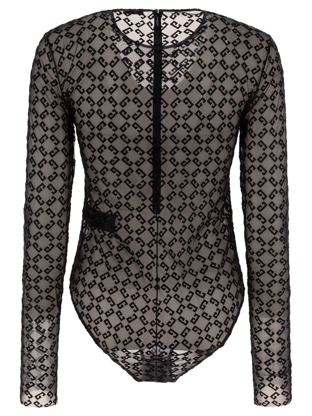 Givenchy Black Monogram 72 Tulle Bodysuit In Black/silvery