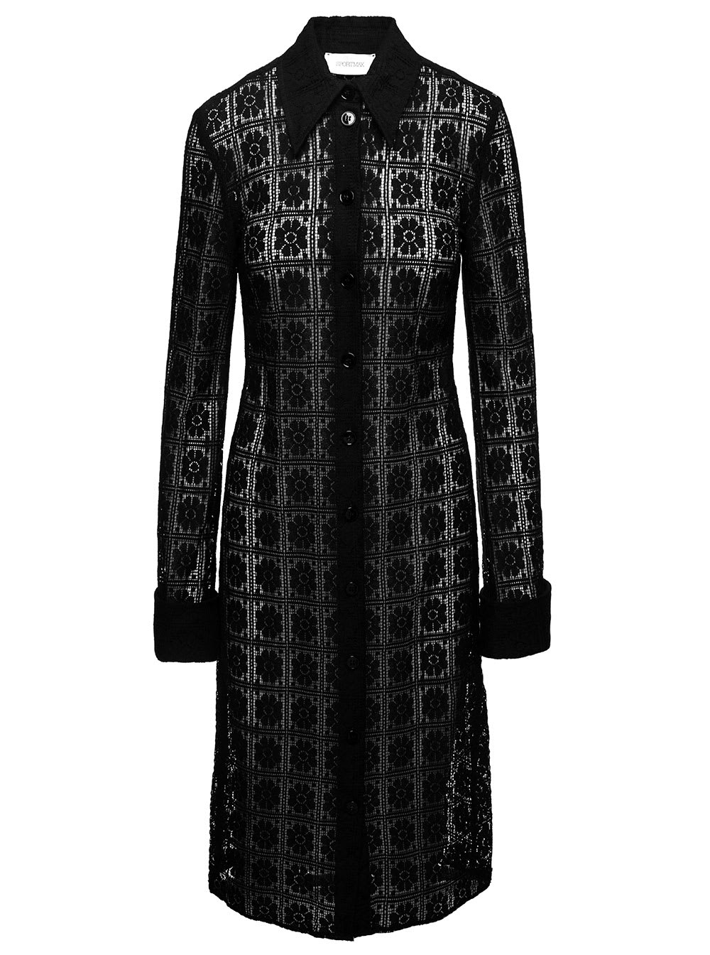 Shop Sportmax Black Long Chemisier Dress With Classic Collar In Lace Woman