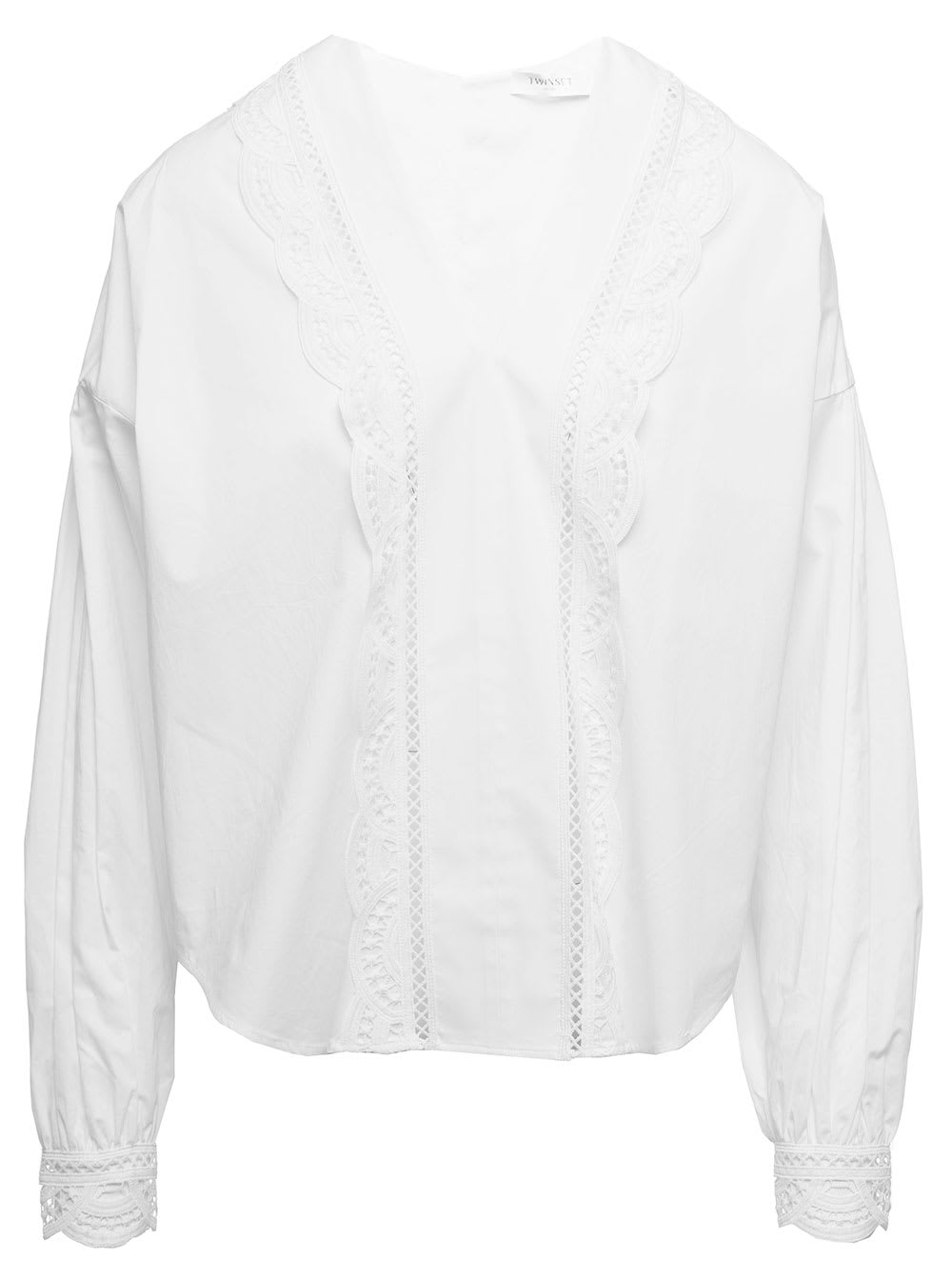 TwinSet Twin Set Womans White Cotton Blouse With Embroidered Inserts
