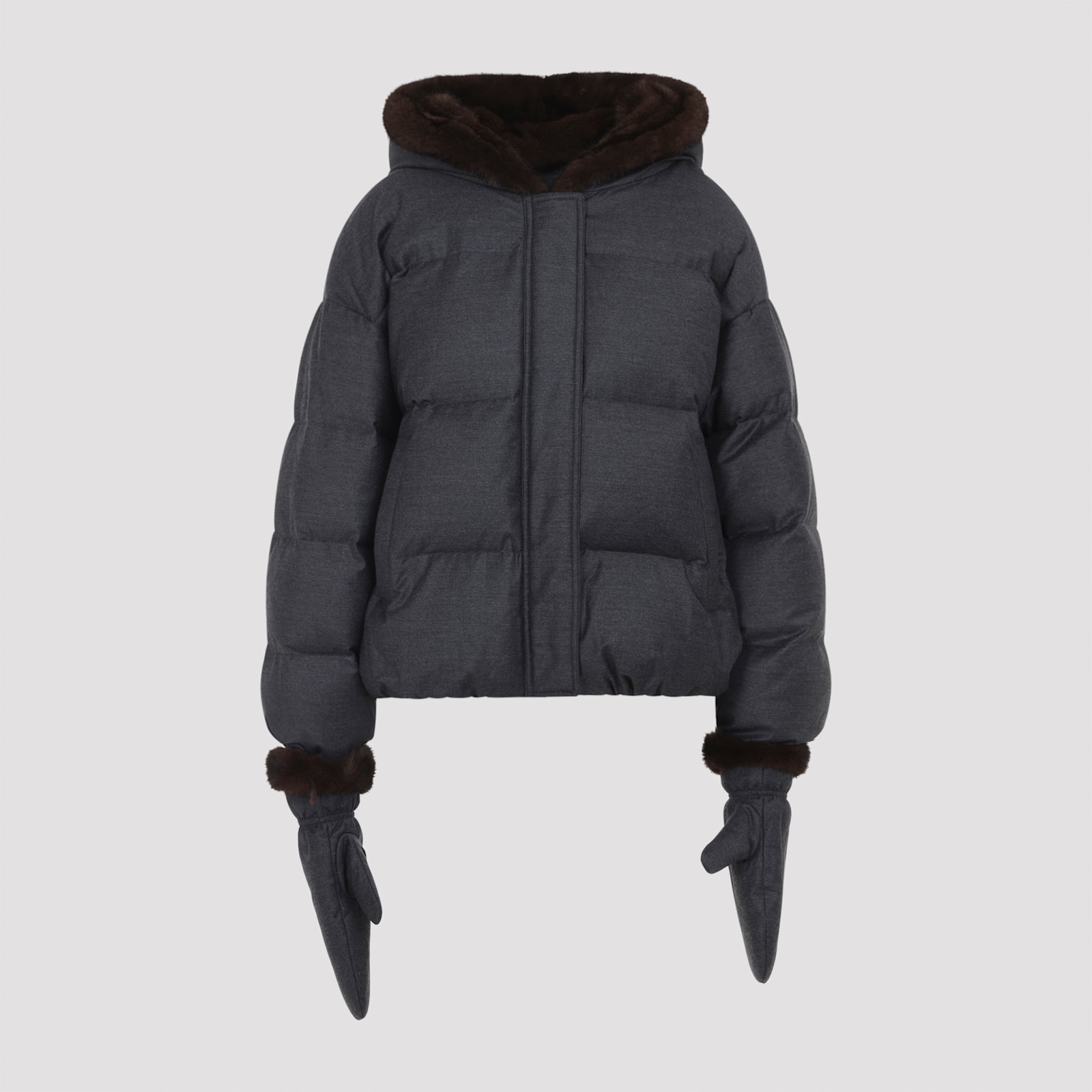 Yves Salomon Hooded Down Jacket Fur Trim In Gray