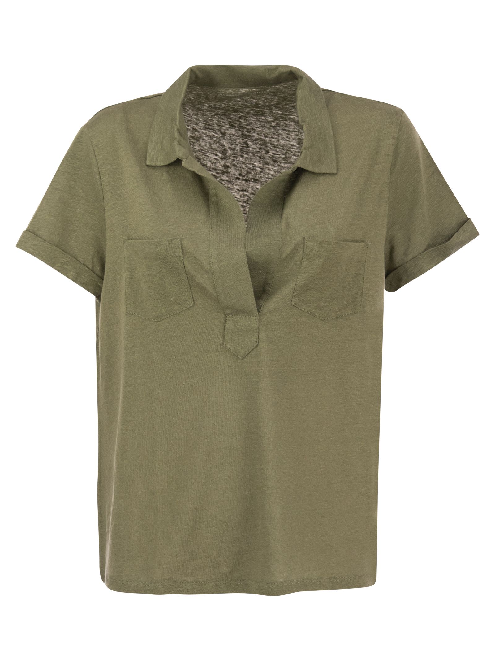 Shop Majestic Short-sleeved Linen Polo Shirt In Khaki