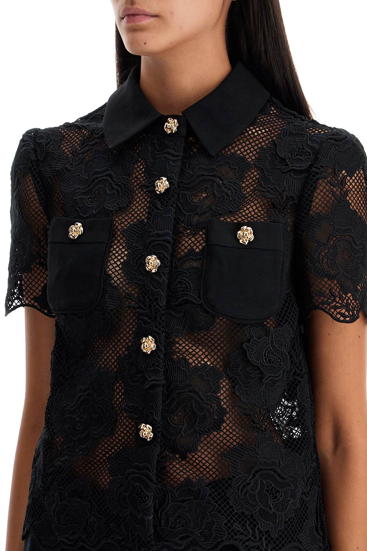 Shop Self-portrait Lace Top With Buttons. In Black (black)