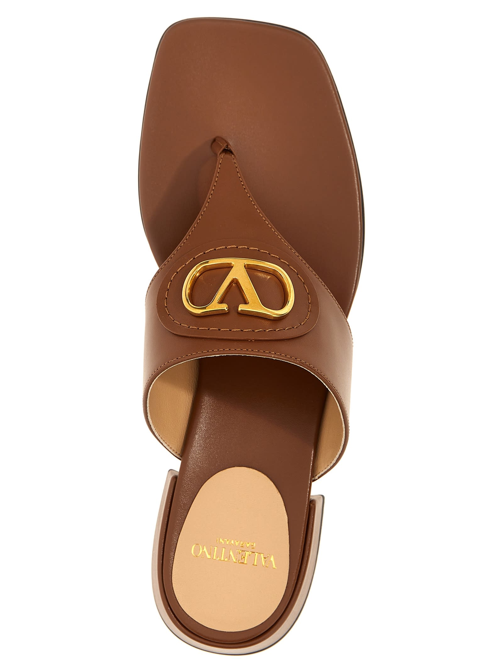 Valentino Vlogo Plaque Square Open Toe Slides In Brown