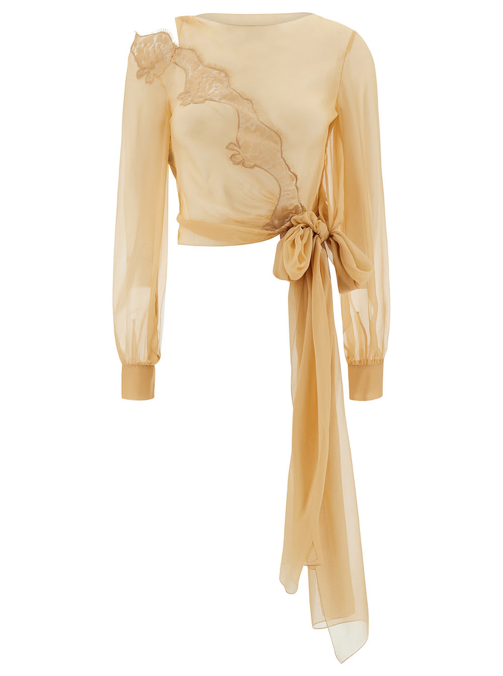 Shop Alberta Ferretti Beige Long Sleeve Blouse With Lace Insert And Bow In Silk Woman