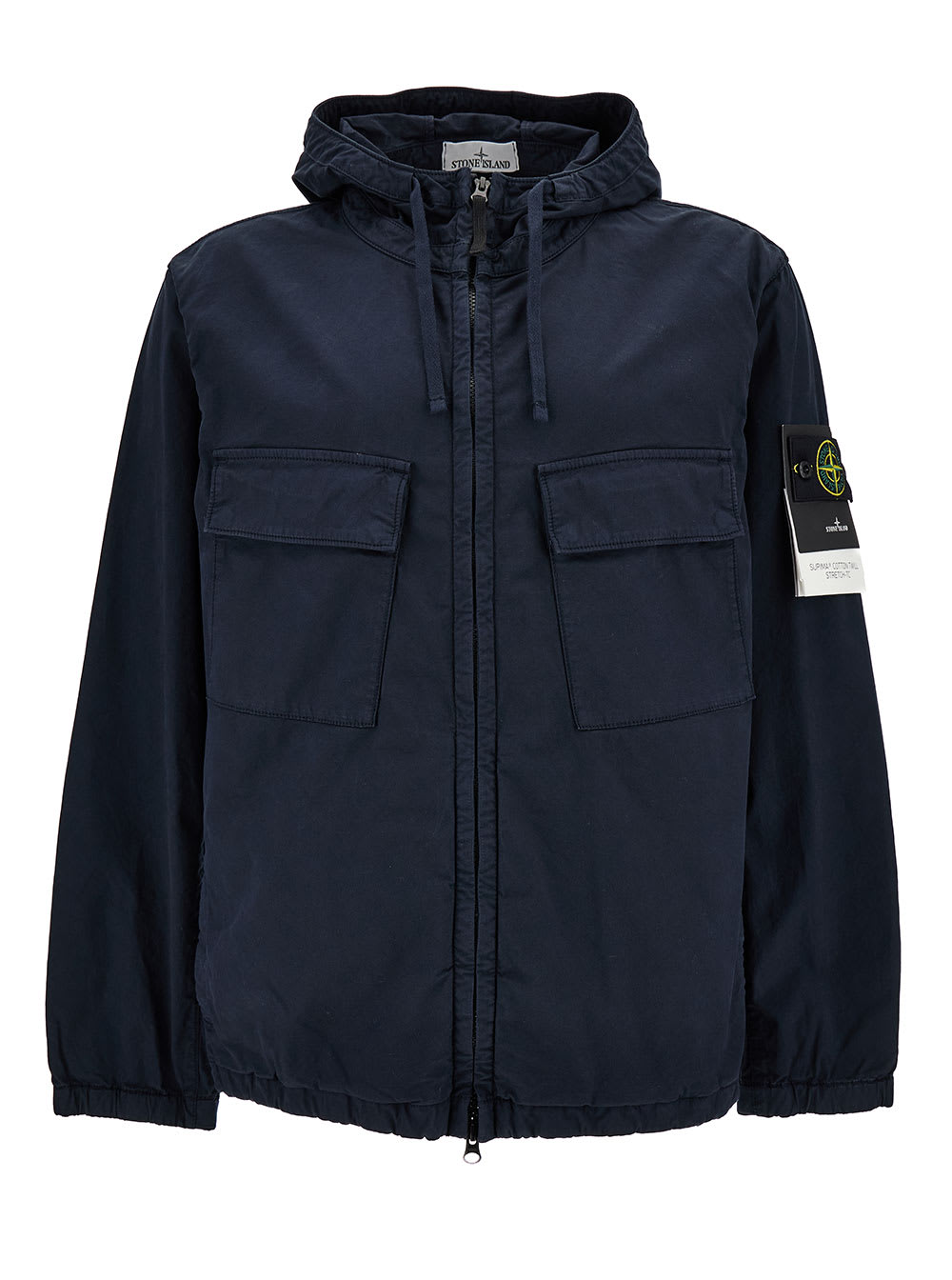 Stone Island Blue Hooded Jacket With Logo Patch In Stretch Cotton Man