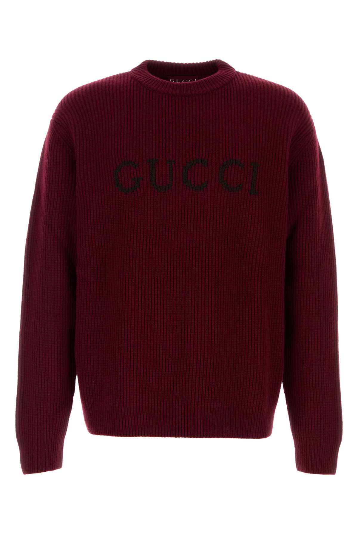 Gucci Bordeaux Crewneck Sweater With Logo Lettering Embroidery On The Front In Wool Man In Burgundy