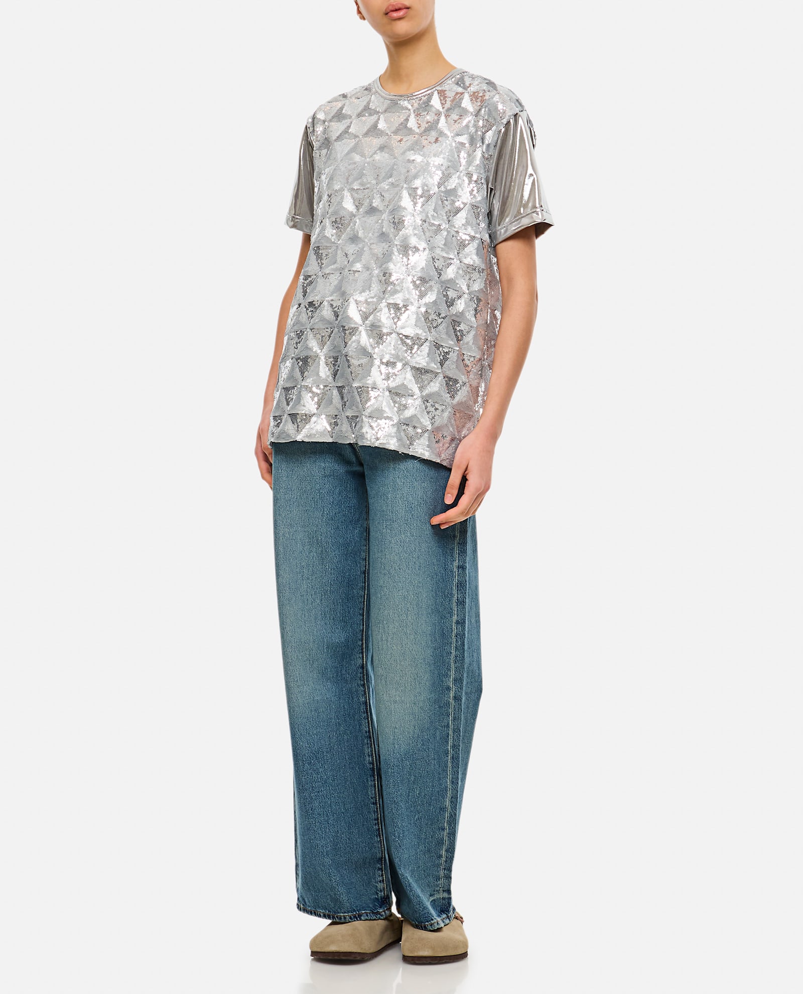 Junya Watanabe Geometric Sequin-embellished Crew-neck T-shirt In White
