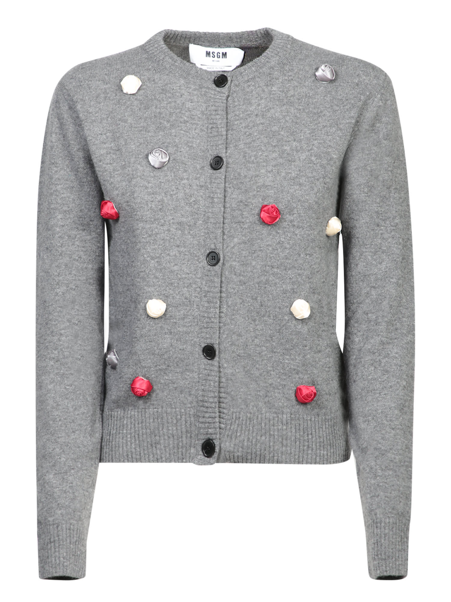 Shop Msgm Grey Wool Cardigan With Applied Roses