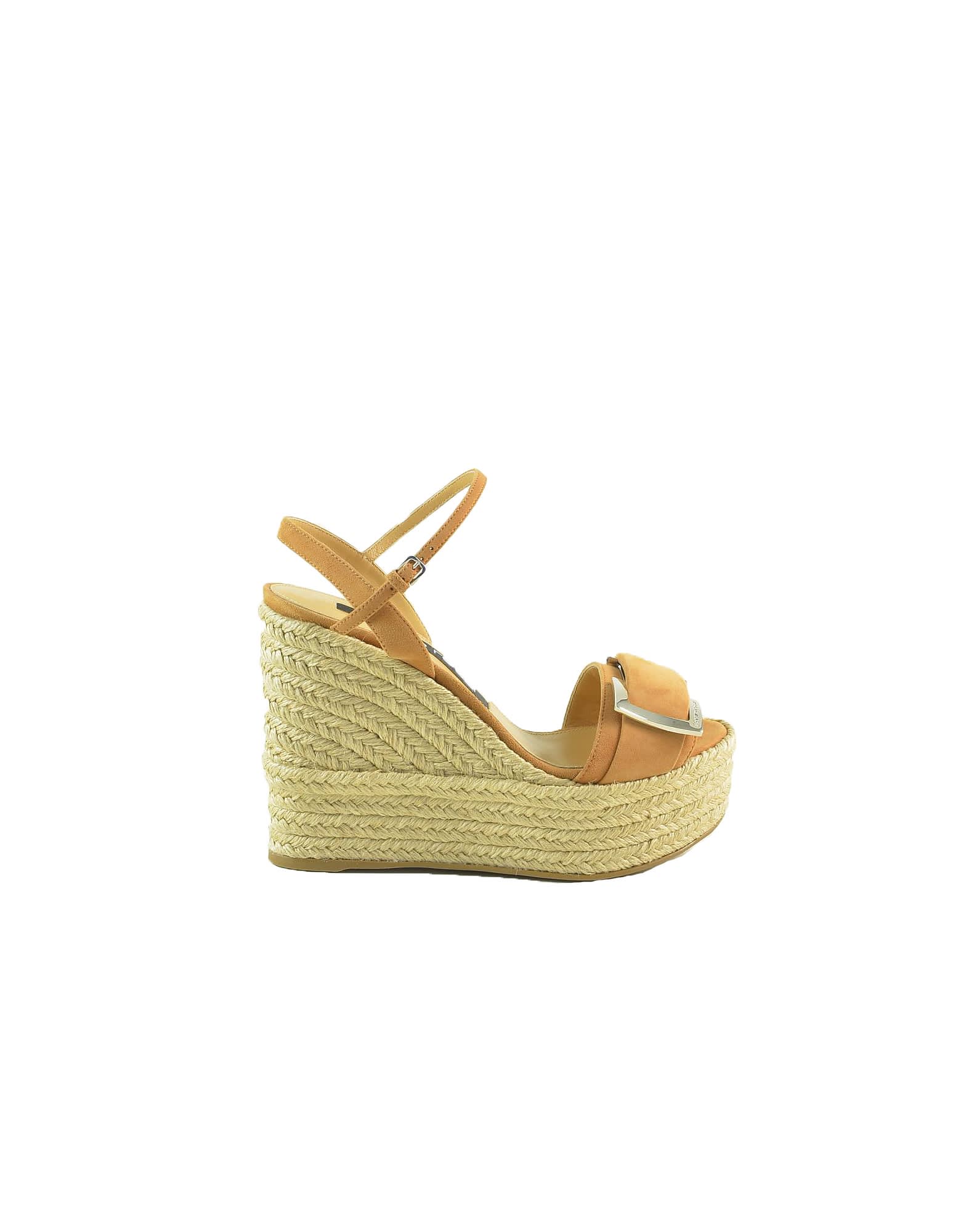 Sergio Rossi Brown Suede And Woven Jute Wedge Sandals