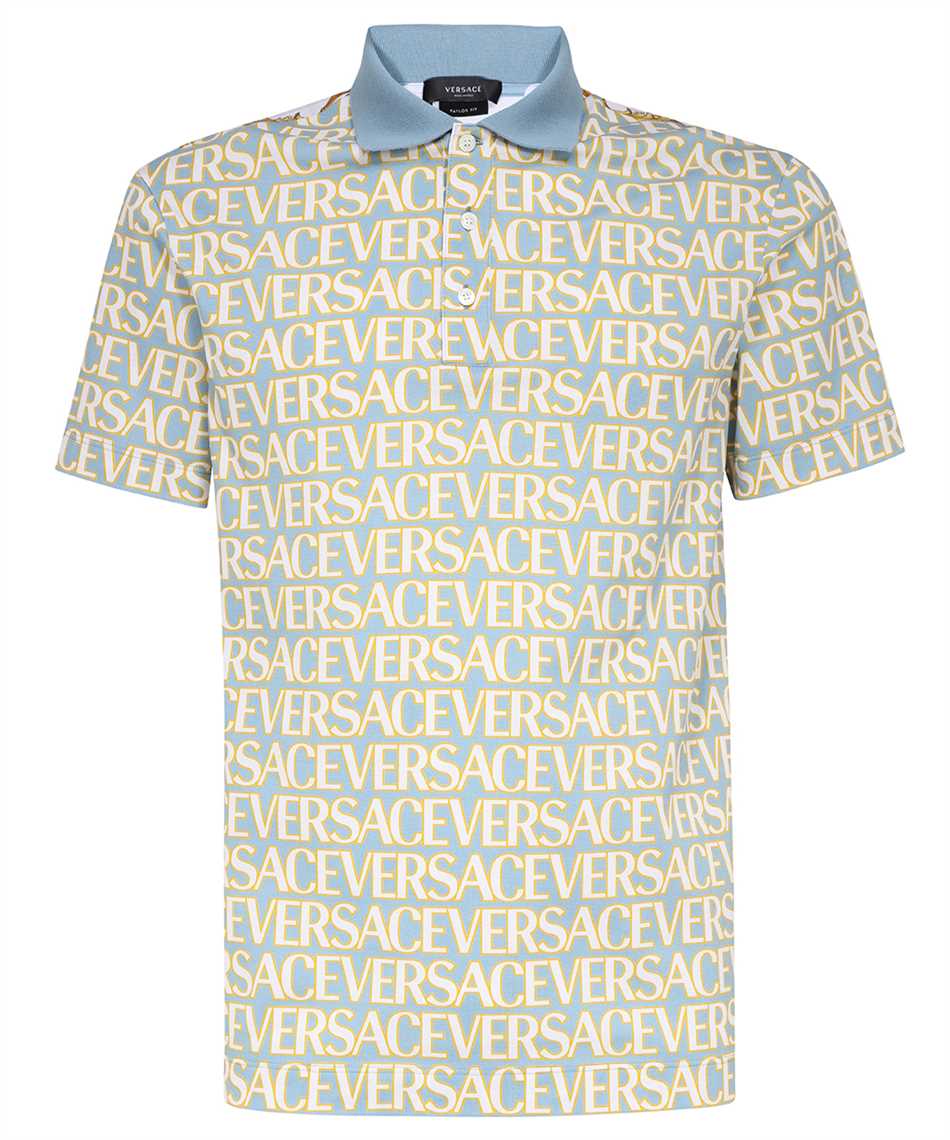 Shop Versace Short Sleeve Cotton Pique Polo Shirt In Light Blue