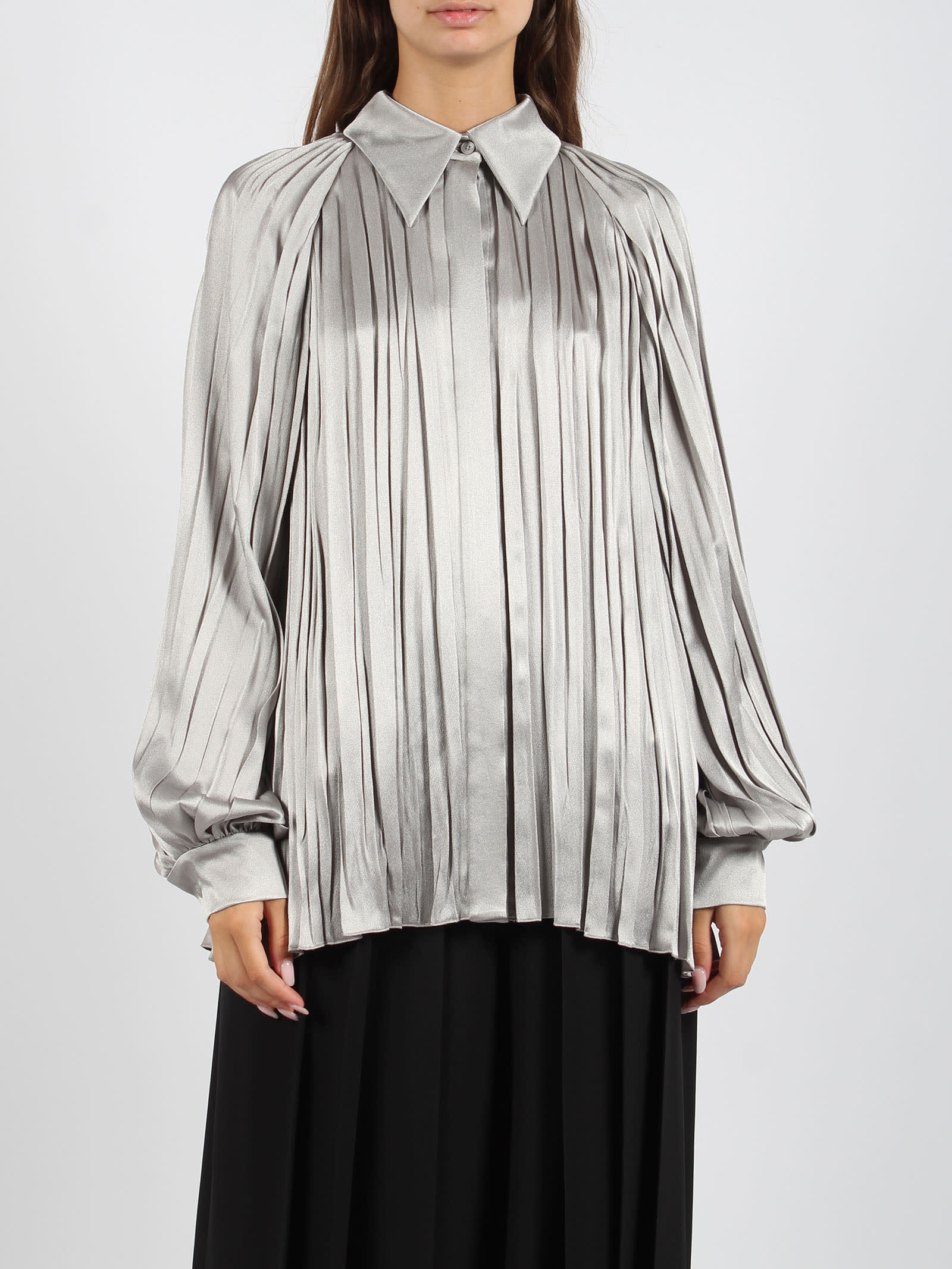 Shop Alberta Ferretti Satin Pleated Shirt In Grey