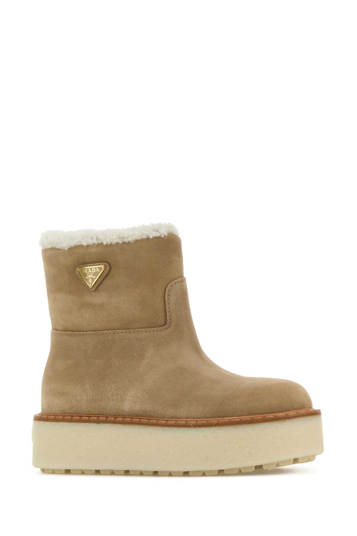 Shop Prada Beige Suede Ankle Boots In Ecru