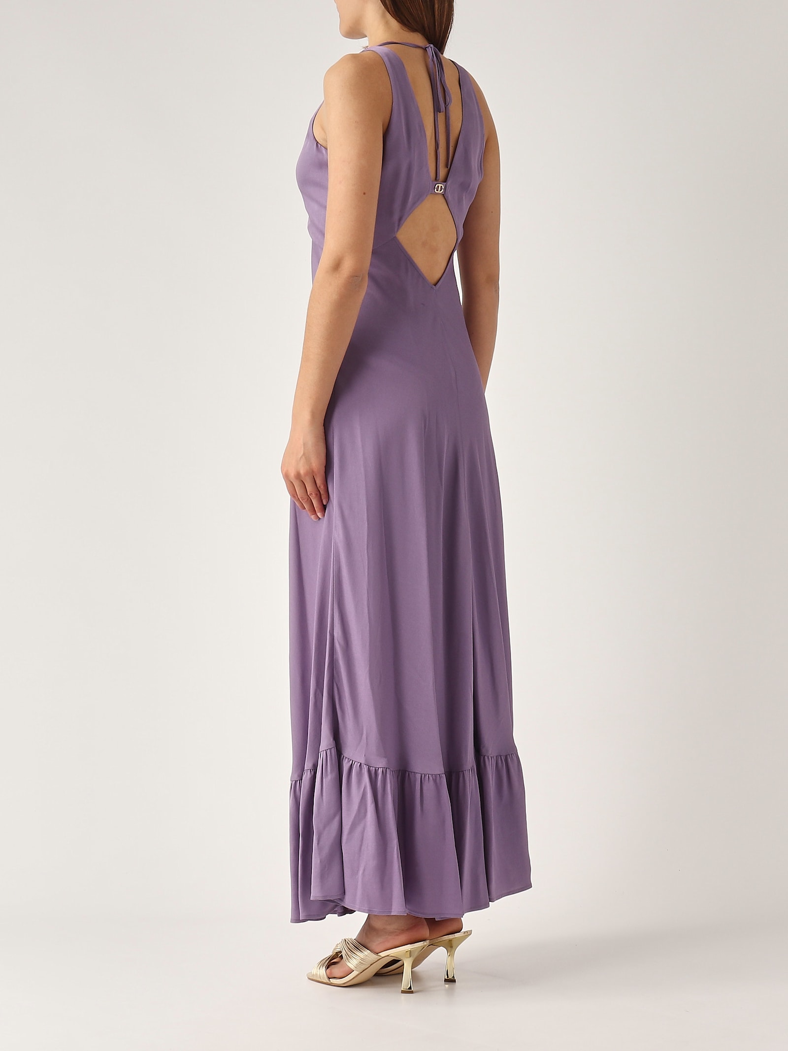 Twinset Twin-set Deep V-neck Maxi Dress With Flounced Hem In Lavanda