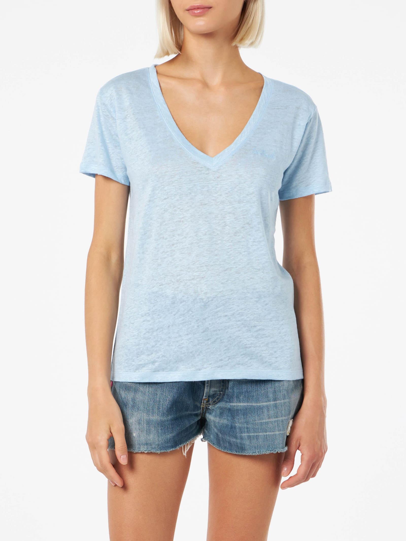 Mc2 Saint Barth Linen Jersey Light Blue V-neck T-shirt Eloise In Sky
