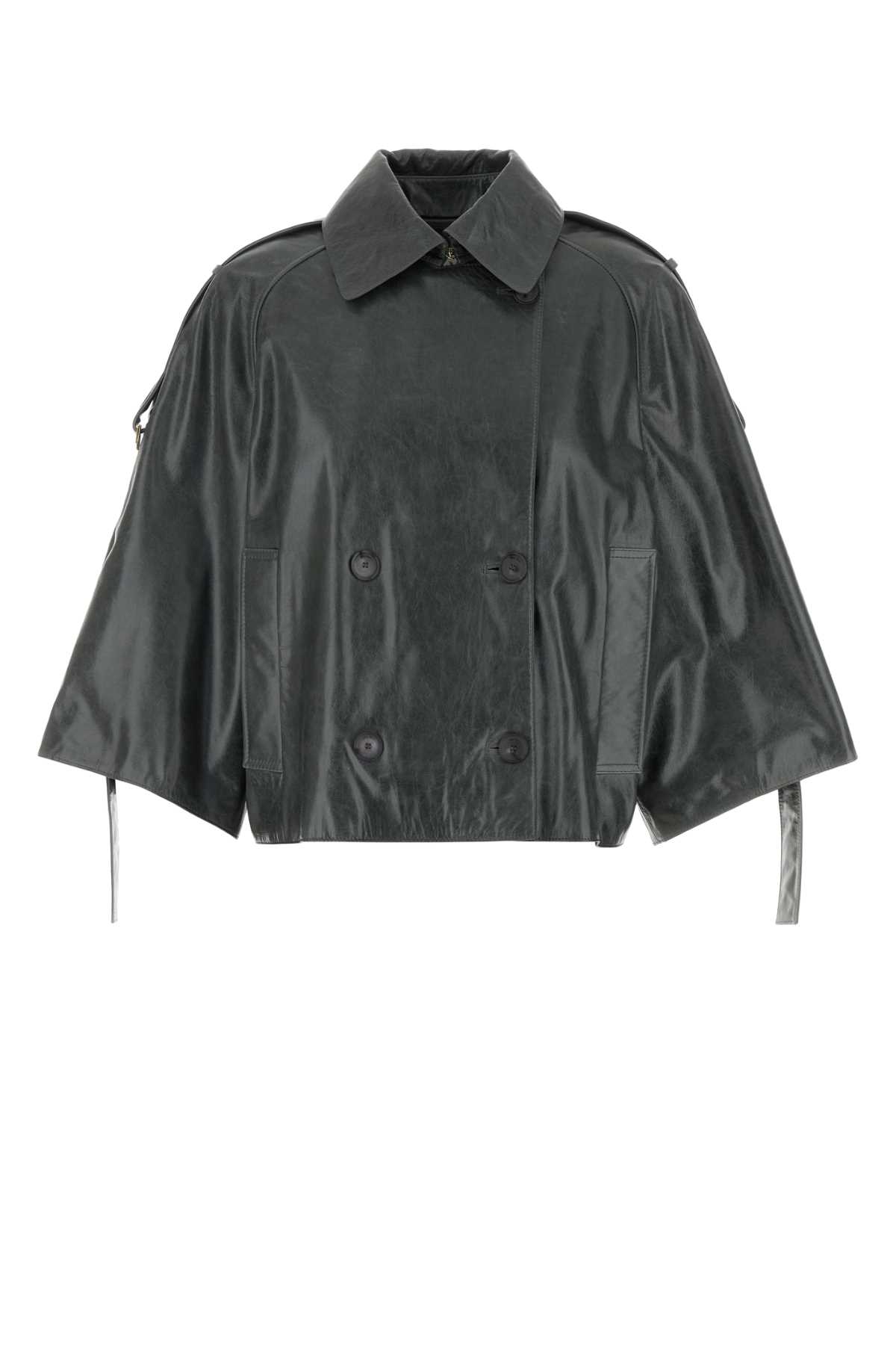 Max Mara Dark Green Leather Tenace Trench Coat In Black