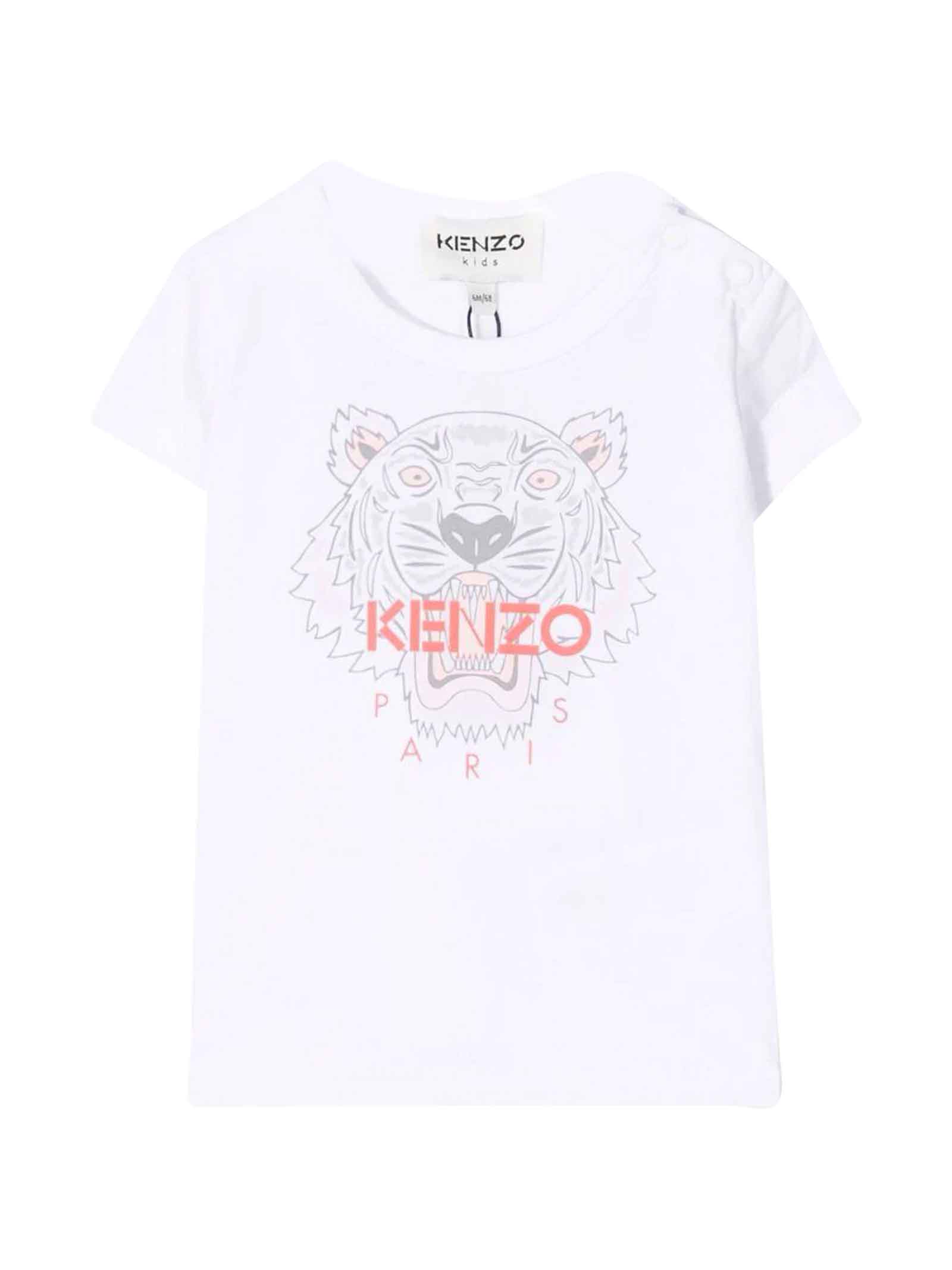 Kenzo Kids White Baby Girl T-shirt With Tiger Head Print, Logo Print On The Front, Round Neckline, Short Sleeves And Straight Hem By