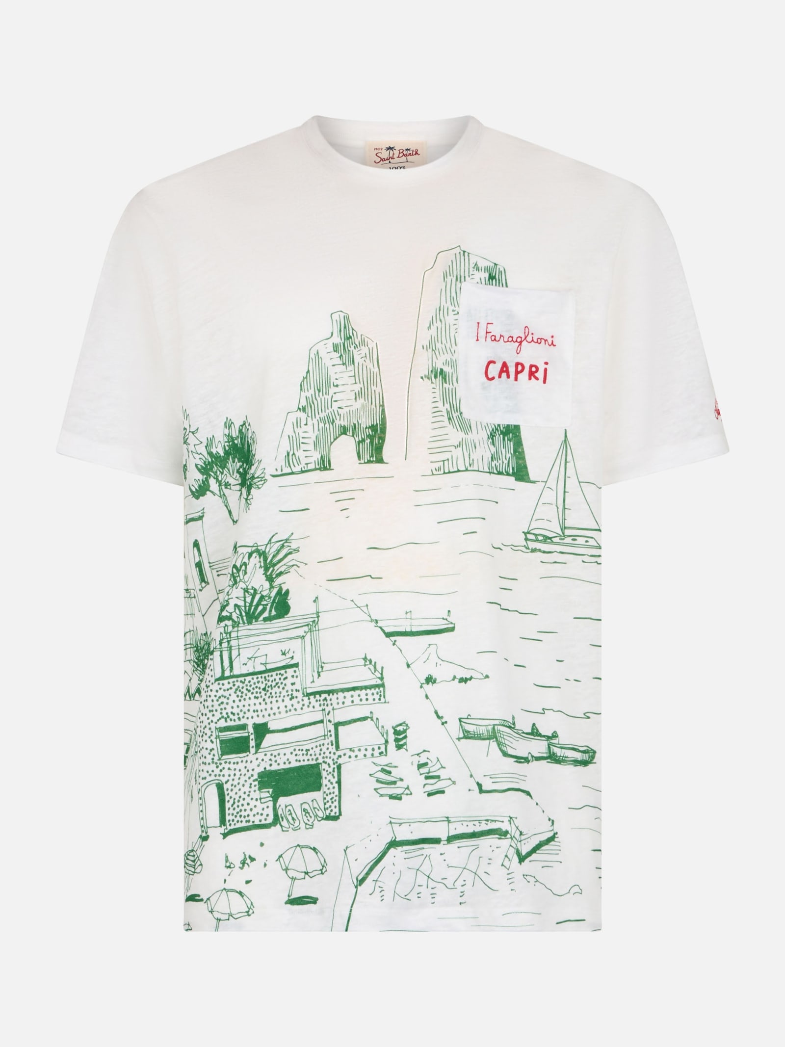 Shop Mc2 Saint Barth Man Linen Jersey T-shirt Ecstasea With Capri Placed Print And Embroidered Pocket In White