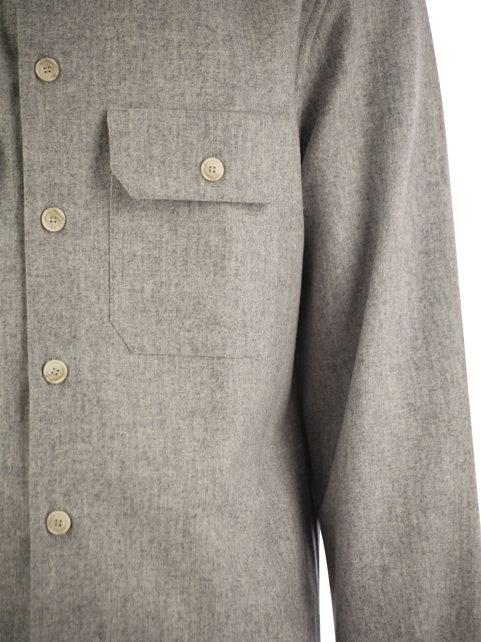 Shop Brunello Cucinelli Virgin Wool Over Shirt With Pockets In Pearl