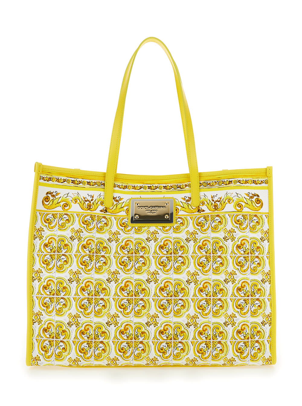 Shop Dolce & Gabbana Yellow And White Tote Bag With Majolica Print And Logo Plaque In Cotton Woman In Giallo