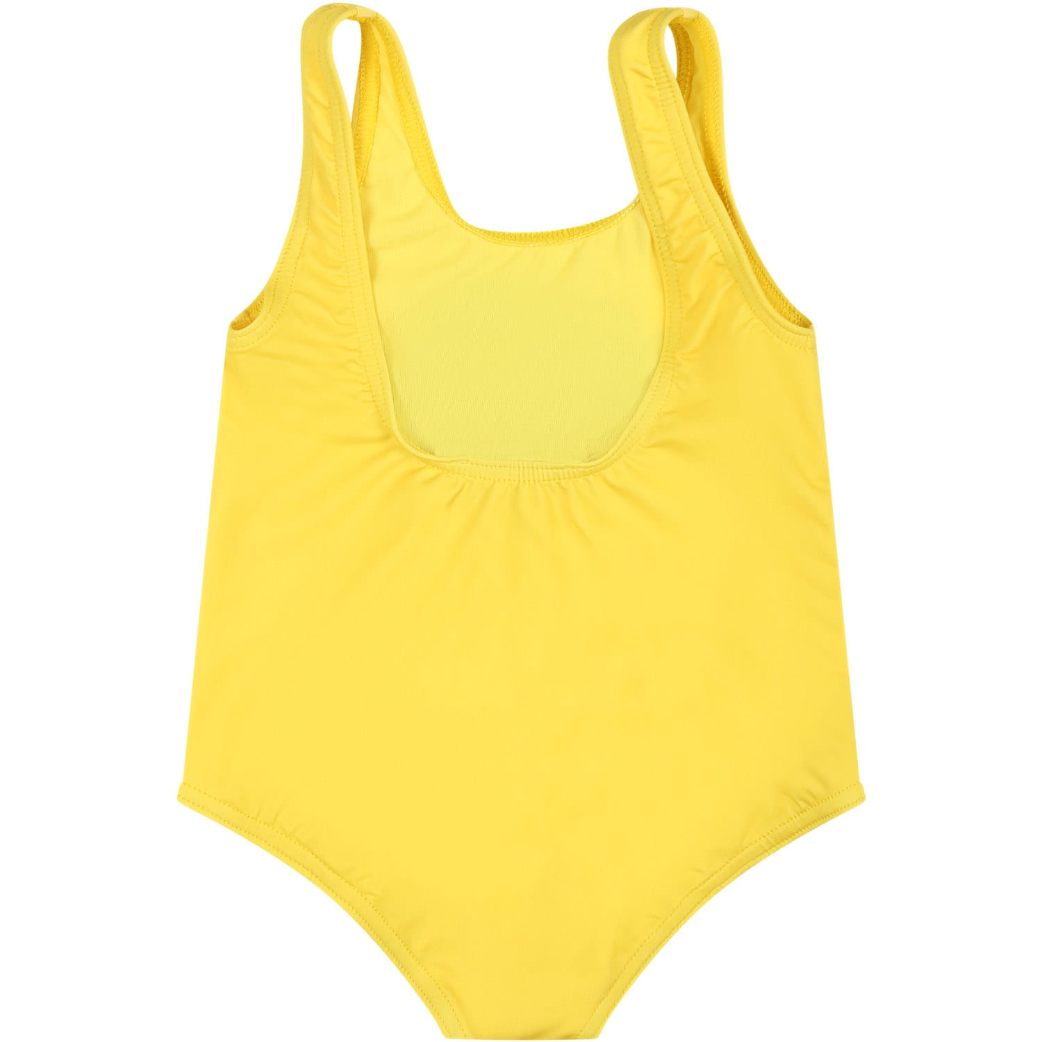 Shop Moschino Yellow One-piece Swimsuit For Baby Girl With Logo And Teddy Bear