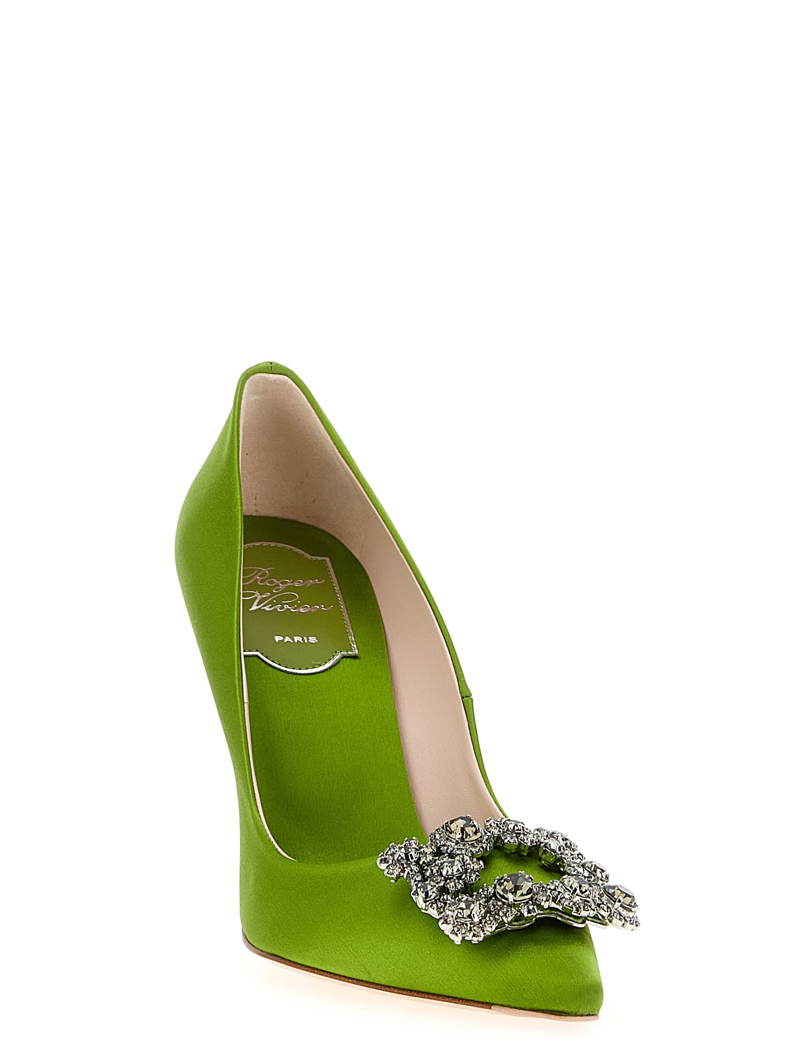 Roger Vivier Crystal Embellished Pointed Toe Pumps In Green