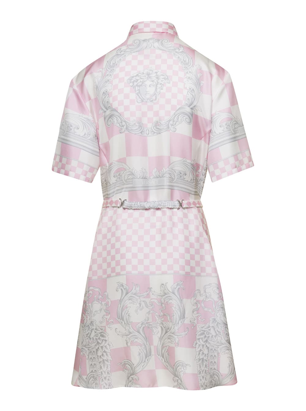 VERSACE PINK SHIRT DRESS WITH ALL-OVER SIGNATURE BAROQUE PRINT IN SILK WOMAN