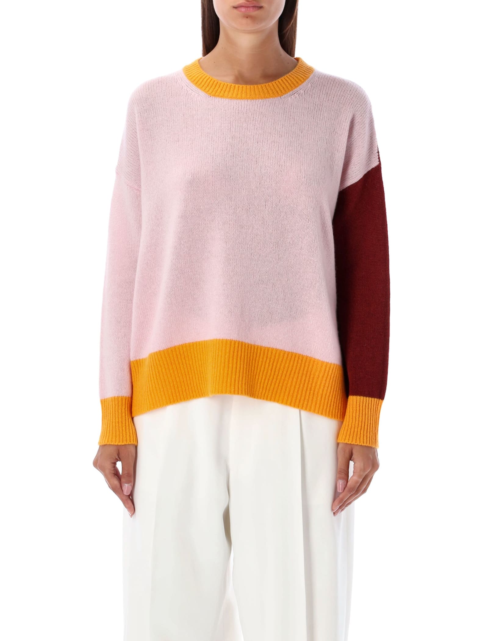 Shop Marni Crewneck Colorblock Sweater In Quarzo Rose/bordeaux