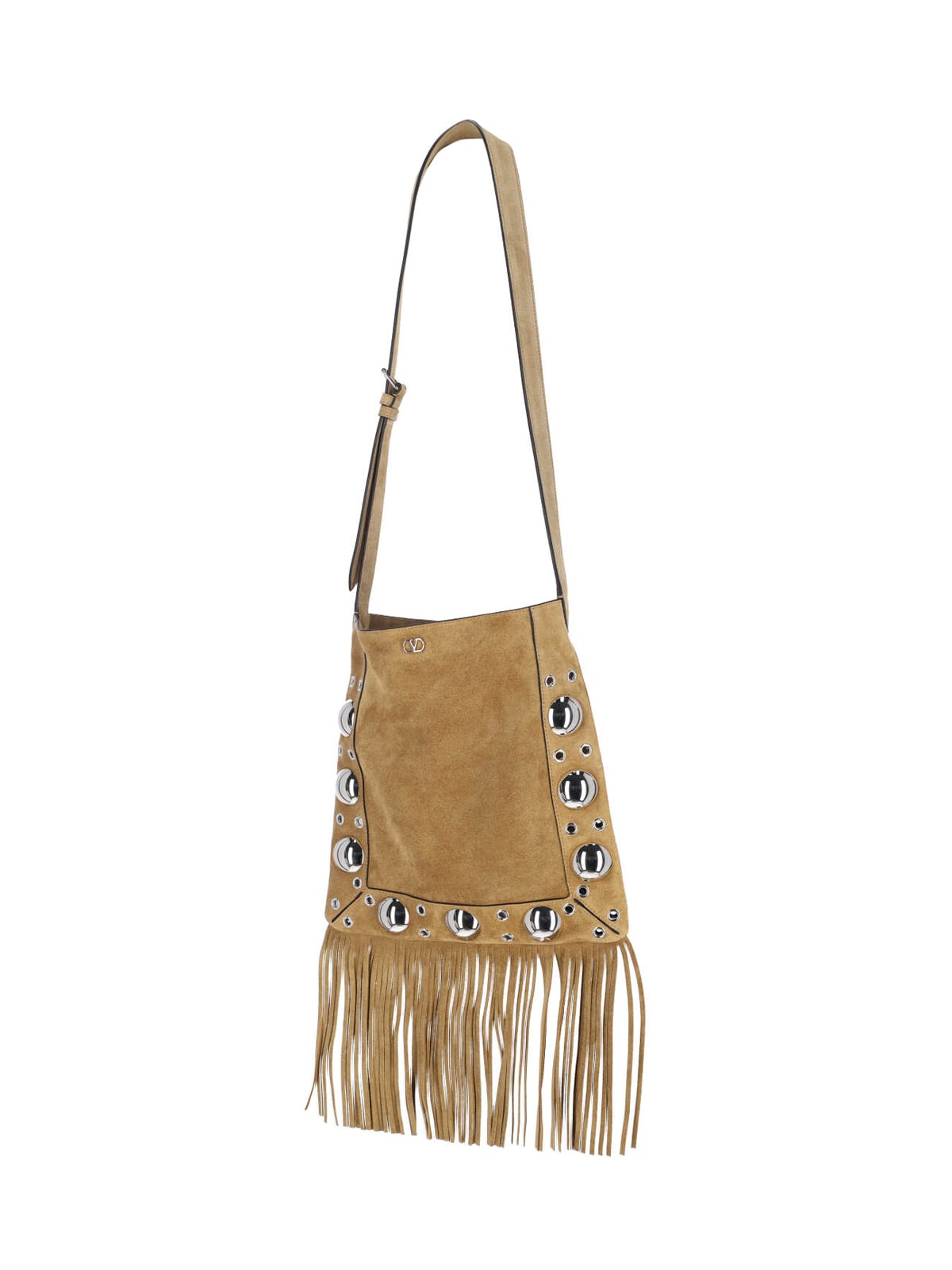 Valentino Nellcote Fringe Studded Suede Crossbody Bag In Sand