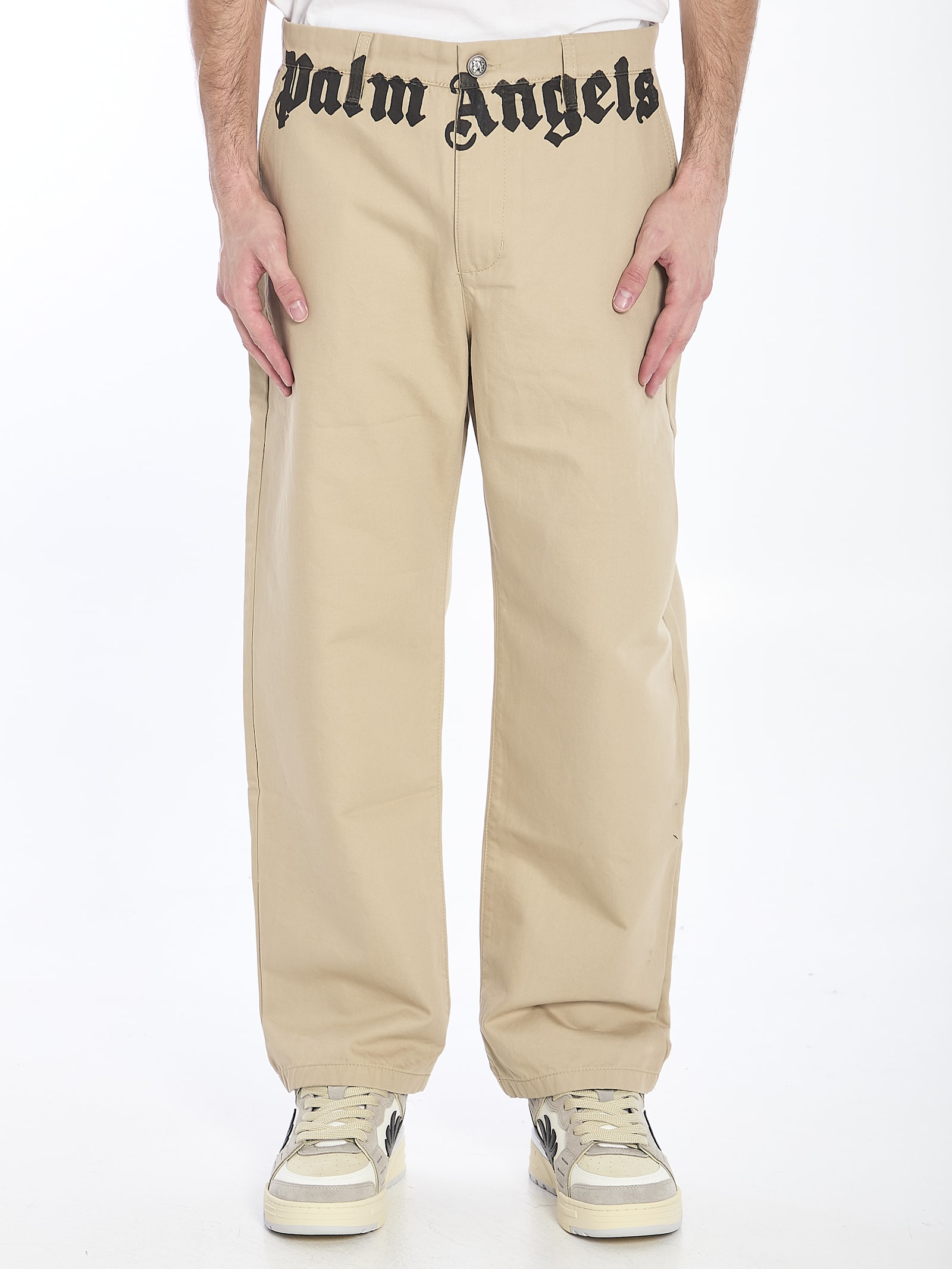 Shop Palm Angels Chino Pants With Logo In Beige