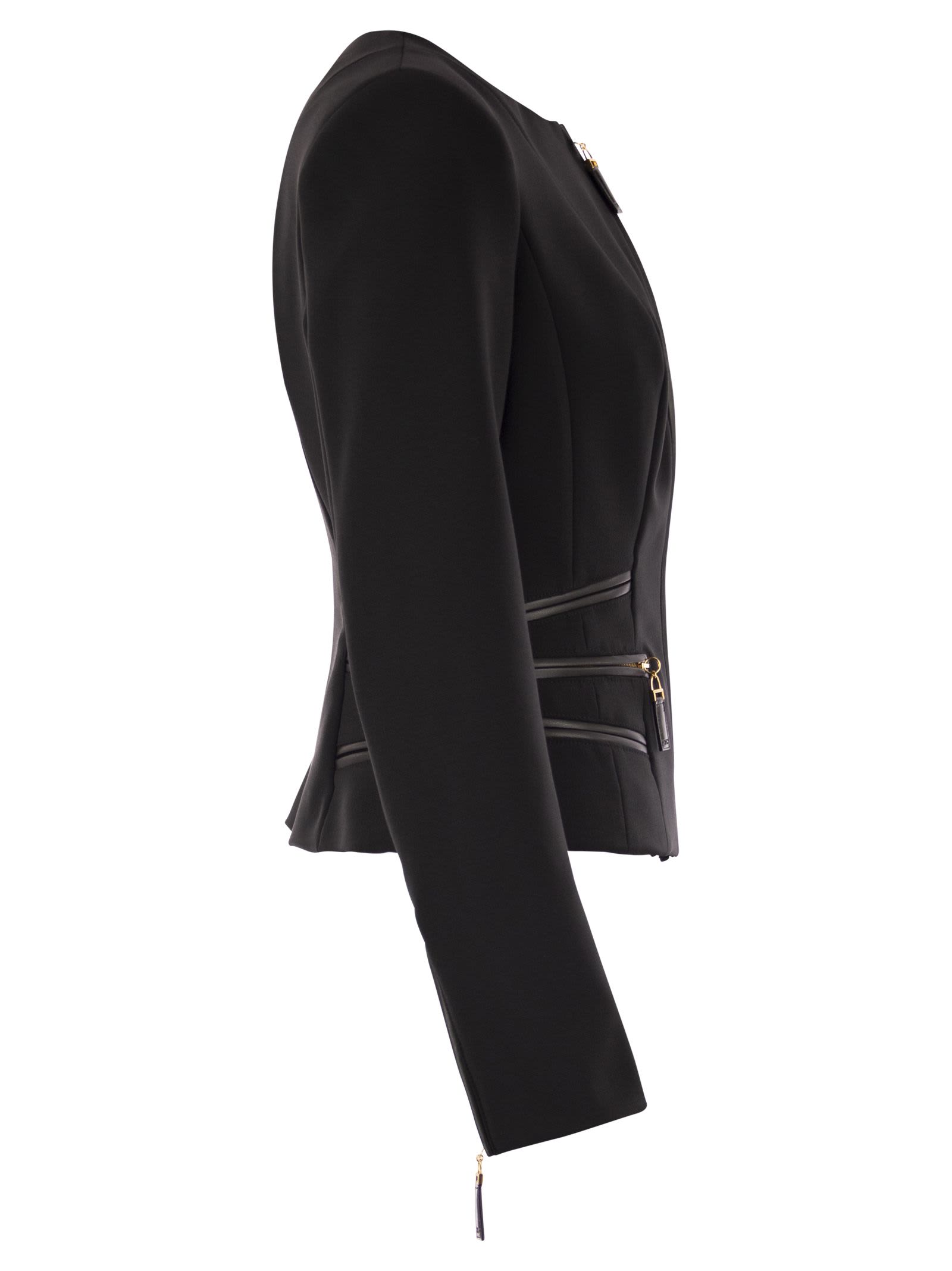Elisabetta Franchi Double Crepe Jacket With Zip Details In Brown